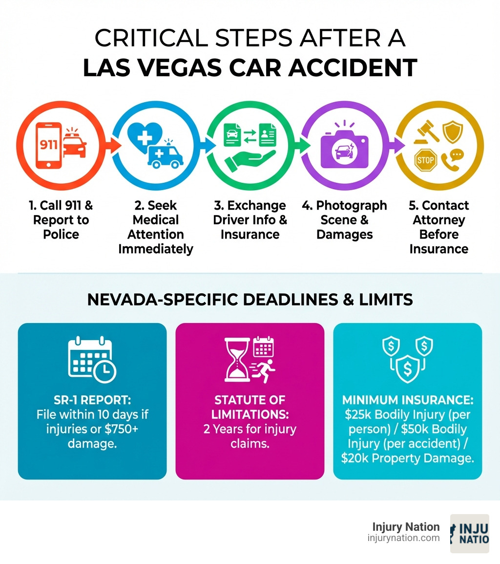 Infographic showing critical steps after a Las Vegas car accident: 1) Call 911 and report to police 2) Seek medical attention immediately 3) Exchange driver information and insurance 4) Photograph scene and damages 5) Contact a car accident attorney before speaking to insurance companies. Includes Nevada-specific deadlines: SR-1 Report within 10 days if injuries or $750+ damage, 2-year statute of limitations for injury claims, minimum insurance requirements 25/50/20 - car accident attorney in las vegas infographic 