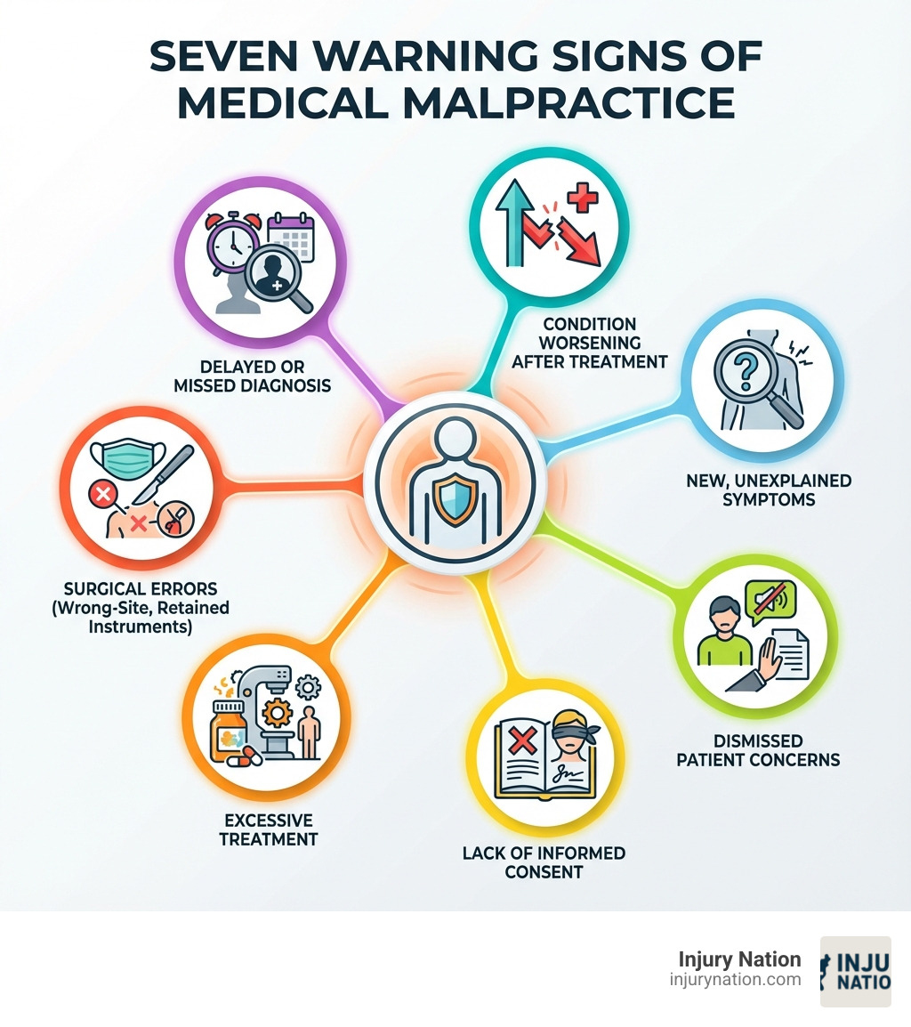 infographic showing the seven warning signs of medical malpractice: condition worsening after treatment, new unexplained symptoms, dismissed patient concerns, lack of informed consent, excessive treatment, surgical errors like wrong-site surgery or retained instruments, and delayed or missed diagnosis of serious conditions - Victim of malpractice infographic 