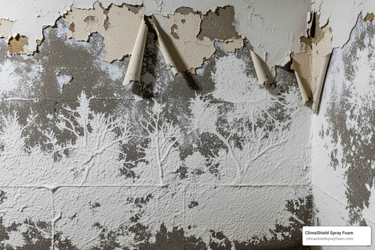 efflorescence and peeling paint on a concrete basement wall - basement vapor barrier wall