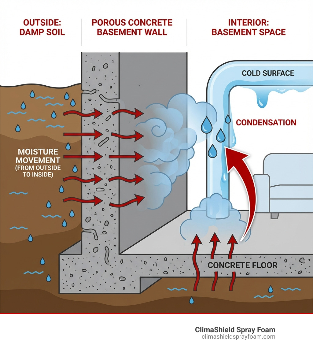 infographic showing how water vapor passes through porous concrete basement walls from damp soil, rises through the floor, and condenses on cold surfaces, with arrows indicating moisture movement from outside soil through concrete to interior basement space - basement vapor barrier wall infographic 