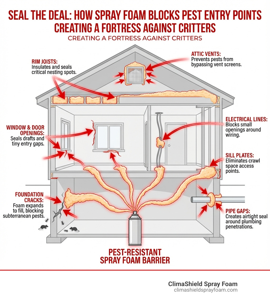 Infographic showing common pest entry points in homes including foundation cracks, gaps around pipes and electrical lines, attic vents, rim joists, sill plates, and openings around windows and doors, with callouts indicating how spray foam seals each vulnerable area - pest resistant spray foam infographic Infographic showing common pest entry points in homes including foundation cracks, gaps around pipes and electrical lines, attic vents, rim joists, sill plates, and openings around windows and doors, with callouts indicating how spray foam seals each vulnerable area - pest resistant spray foam infographic