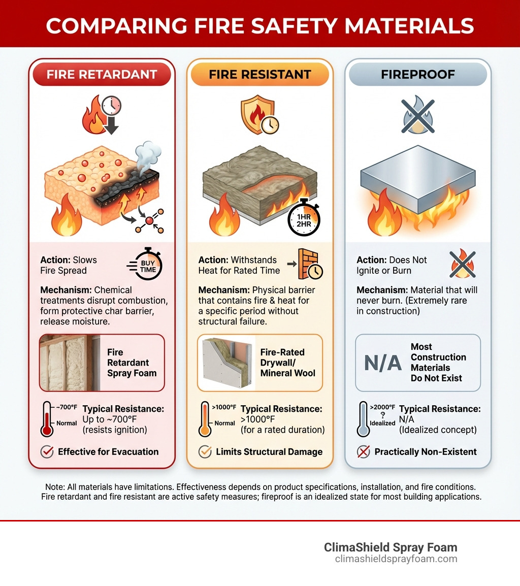 Infographic comparing fire retardant, fire resistant, and fireproof materials, showing fire retardant insulation slows fire spread through chemical treatments, fire resistant insulation withstands heat for a rated time period, and truly fireproof materials don't exist in most construction applications, with visual examples of each category and their typical temperature resistance ranges - fire retardant insulation infographic Infographic comparing fire retardant, fire resistant, and fireproof materials, showing fire retardant insulation slows fire spread through chemical treatments, fire resistant insulation withstands heat for a rated time period, and truly fireproof materials don't exist in most construction applications, with visual examples of each category and their typical temperature resistance ranges - fire retardant insulation infographic