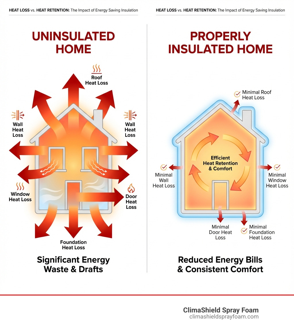 infographic showing heat loss in an uninsulated home versus heat retention in a properly insulated home, with arrows indicating heat escaping through the roof, walls, windows, doors, and foundation in the uninsulated home, and minimal heat loss in the insulated home - energy saving insulation infographic 