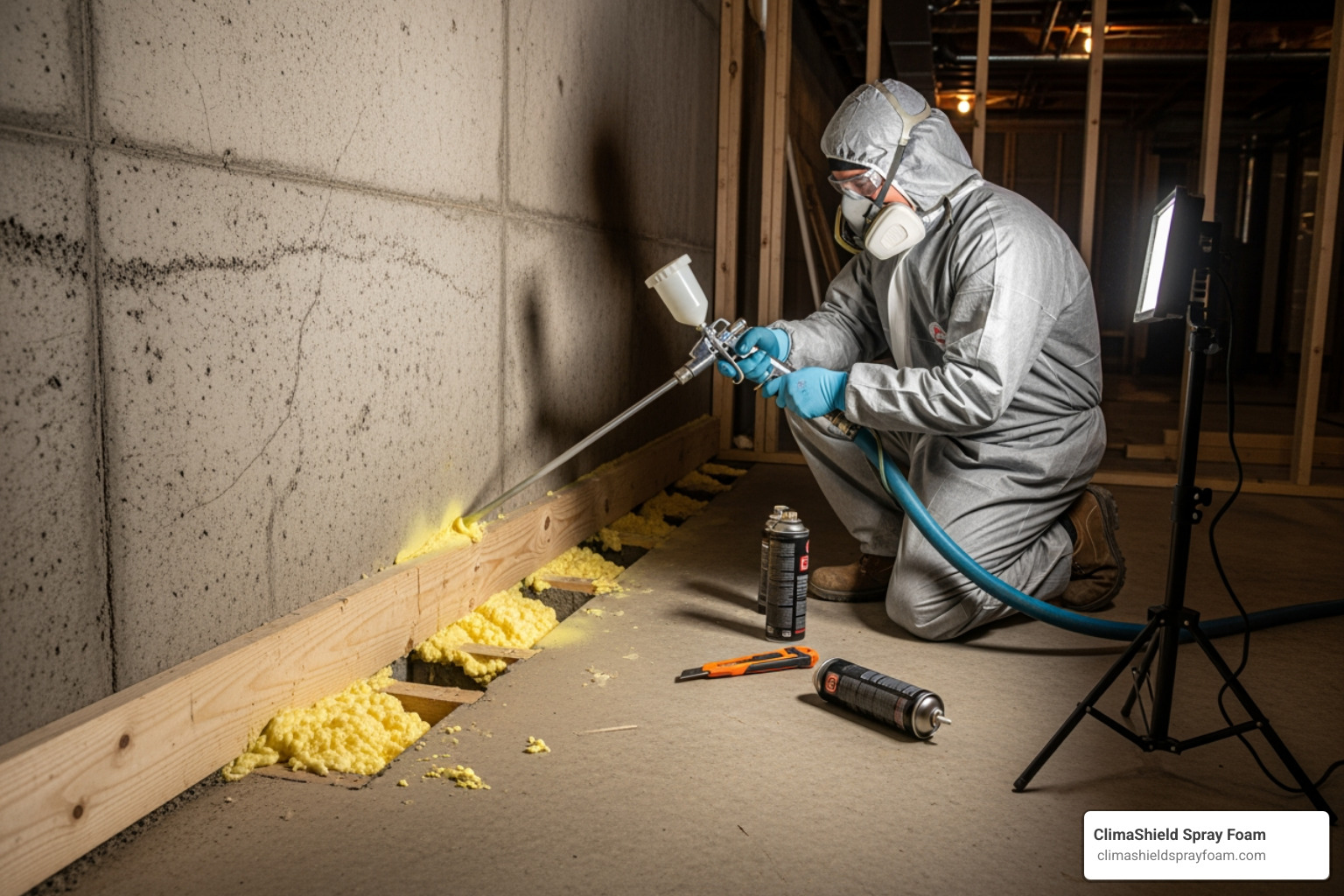 person applying spray foam to a gap between the foundation and sill plate - air sealing basement