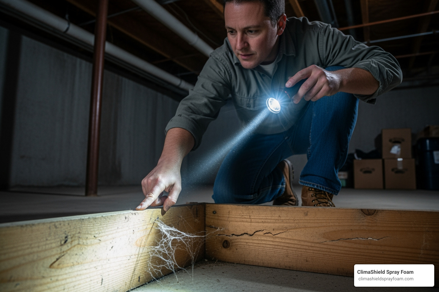 homeowner inspecting a basement rim joist with a flashlight - air sealing basement