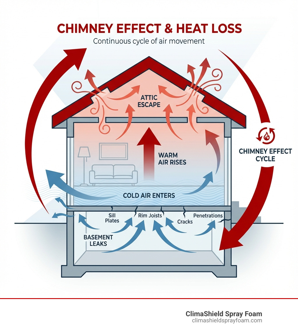 infographic showing the chimney or stack effect in a house with warm air rising through the attic and cold air entering through basement leaks, creating a continuous cycle of air movement and heat loss - air sealing basement infographic 