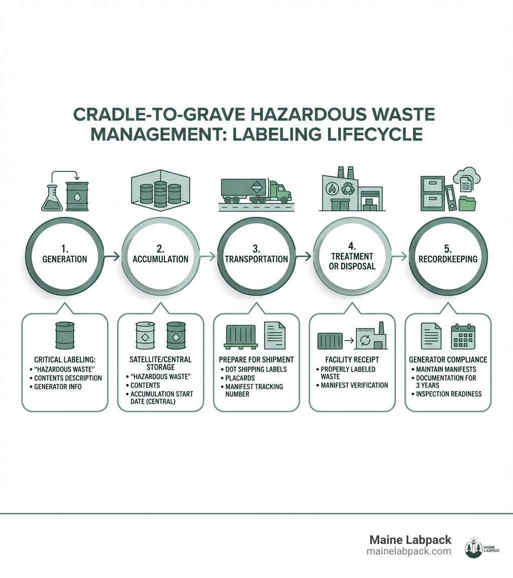 Infographic showing the cradle-to-grave lifecycle of hazardous waste management, including five key stages: Generation (waste created and first container labeled with Hazardous Waste and contents), Accumulation (labeled containers stored in Satellite or Central areas with start dates marked), Transportation (DOT shipping labels and placards added, manifest prepared), Treatment or Disposal (facility receives properly labeled waste for processing), and Recordkeeping (generator maintains manifests and documentation for three years). Each stage highlights the critical labeling requirements specific to that phase. - hazardous waste labeling infographic Infographic showing the cradle-to-grave lifecycle of hazardous waste management, including five key stages: Generation (waste created and first container labeled with Hazardous Waste and contents), Accumulation (labeled containers stored in Satellite or Central areas with start dates marked), Transportation (DOT shipping labels and placards added, manifest prepared), Treatment or Disposal (facility receives properly labeled waste for processing), and Recordkeeping (generator maintains manifests and documentation for three years). Each stage highlights the critical labeling requirements specific to that phase. - hazardous waste labeling infographic