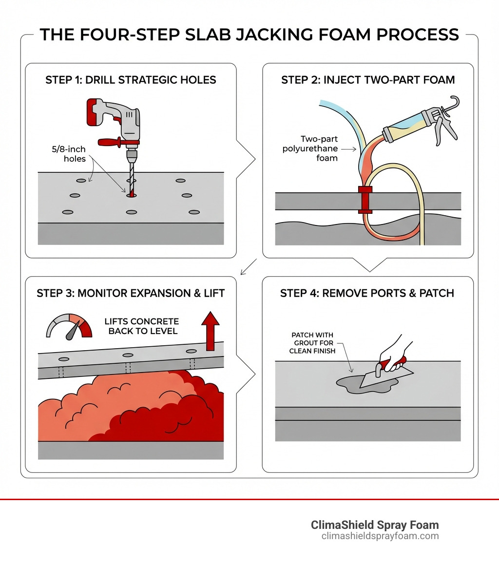 Infographic showing the four-step slab jacking foam process: Step 1 - Drill small 5/8-inch holes in strategic locations on the sunken concrete slab; Step 2 - Inject two-part polyurethane foam through ports inserted into the holes; Step 3 - Monitor as the expanding foam fills voids and lifts the concrete back to level; Step 4 - Remove ports and patch holes with grout for a clean finish - slab jacking foam infographic 