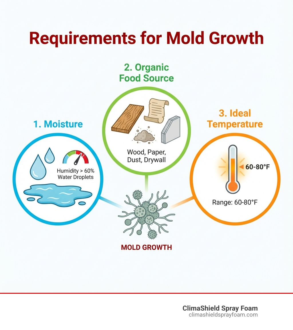 Infographic showing the three requirements for mold growth: moisture (water droplets and humidity above 60%), organic food source (wood, paper, dust, or drywall), and ideal temperature range (60-80°F), with each requirement illustrated in a simple diagram - is spray foam insulation mold resistant infographic Infographic showing the three requirements for mold growth: moisture (water droplets and humidity above 60%), organic food source (wood, paper, dust, or drywall), and ideal temperature range (60-80°F), with each requirement illustrated in a simple diagram - is spray foam insulation mold resistant infographic