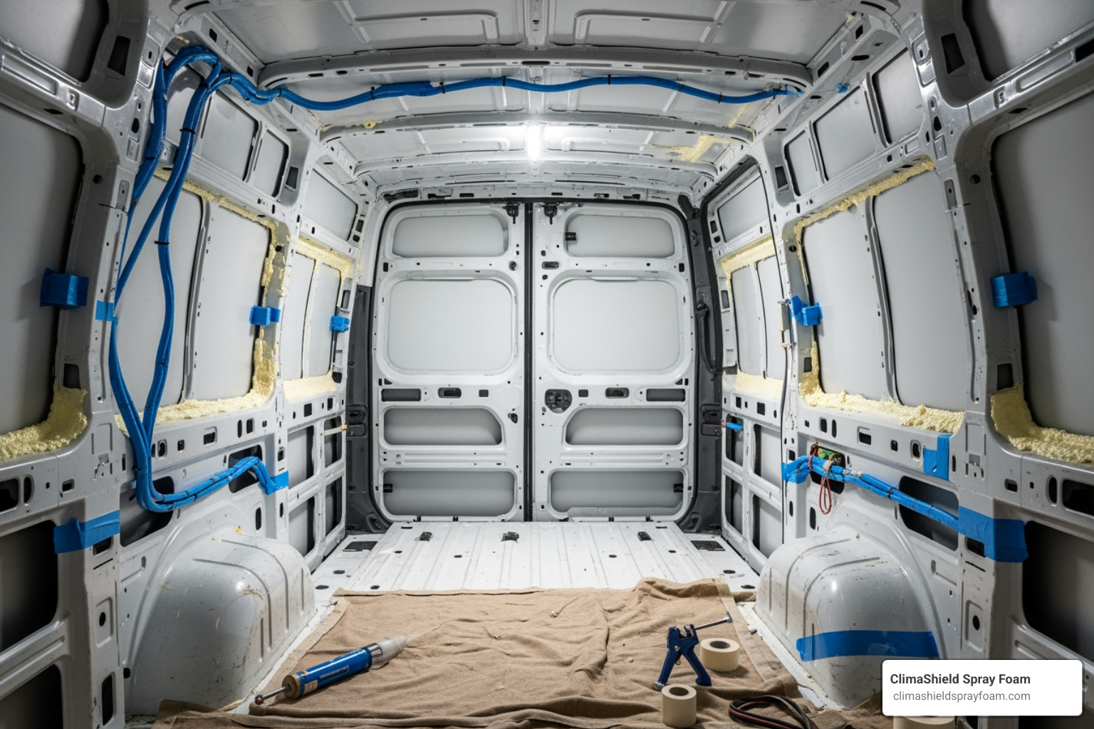 of a van being prepped for insulation with wiring taped and surfaces cleaned - Cargo van insulation