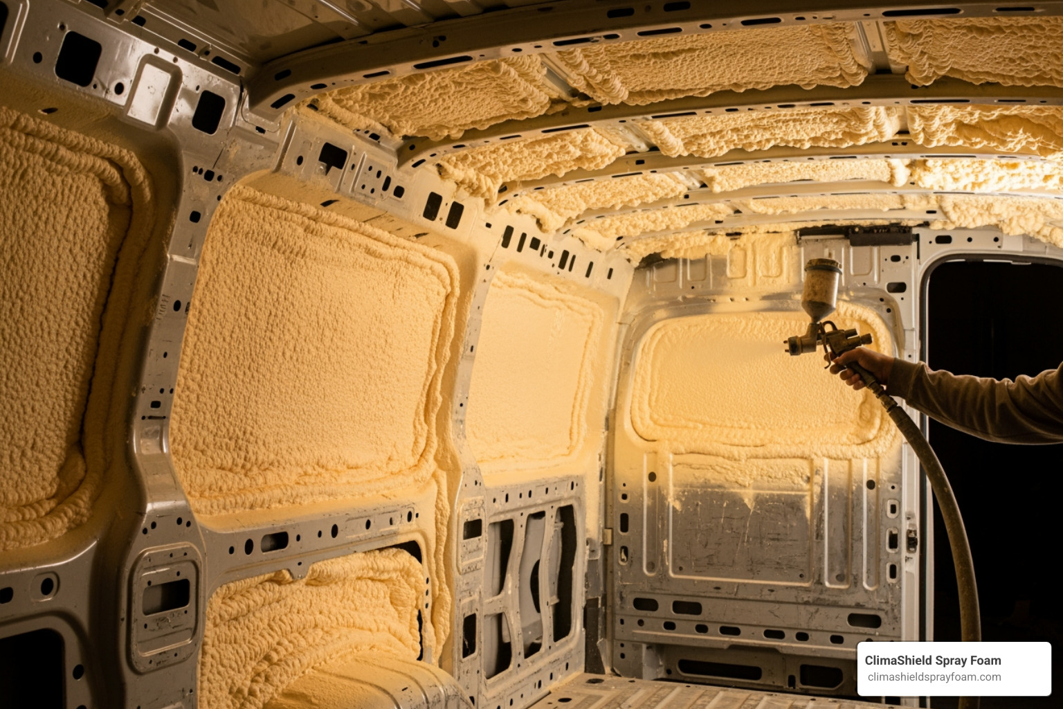 showing spray foam insulation applied to van walls and ceiling - Cargo van insulation