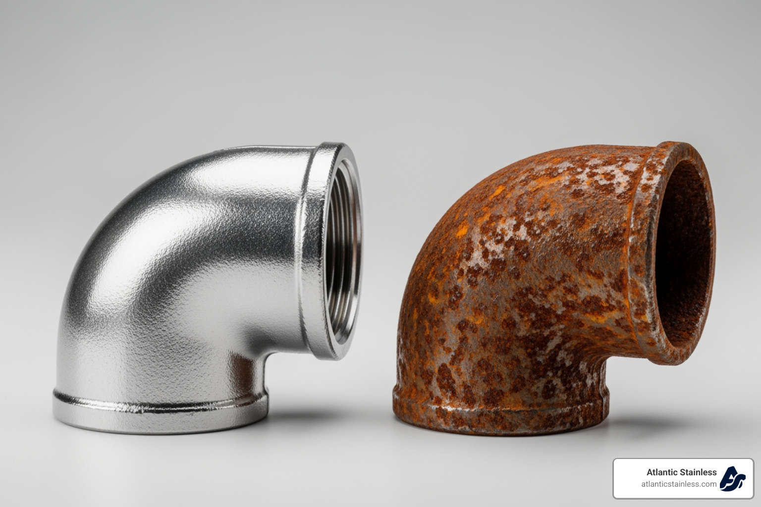 clean, corrosion-free stainless steel fitting next to a corroded one of another material - stainless steel fittings clean, corrosion-free stainless steel fitting next to a corroded one of another material - stainless steel fittings