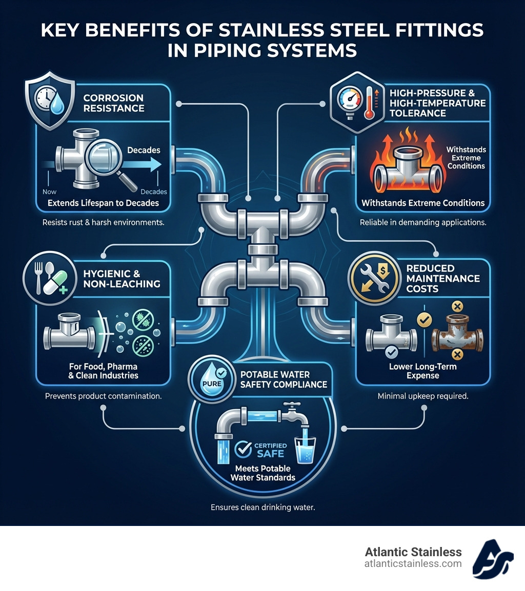 Infographic showing the key benefits of stainless steel fittings in piping systems: corrosion resistance extending lifespan to decades, high-pressure and high-temperature tolerance, hygienic non-leaching properties for food and pharma applications, reduced maintenance costs, and compliance with potable water safety standards - stainless steel fittings infographic Infographic showing the key benefits of stainless steel fittings in piping systems: corrosion resistance extending lifespan to decades, high-pressure and high-temperature tolerance, hygienic non-leaching properties for food and pharma applications, reduced maintenance costs, and compliance with potable water safety standards - stainless steel fittings infographic