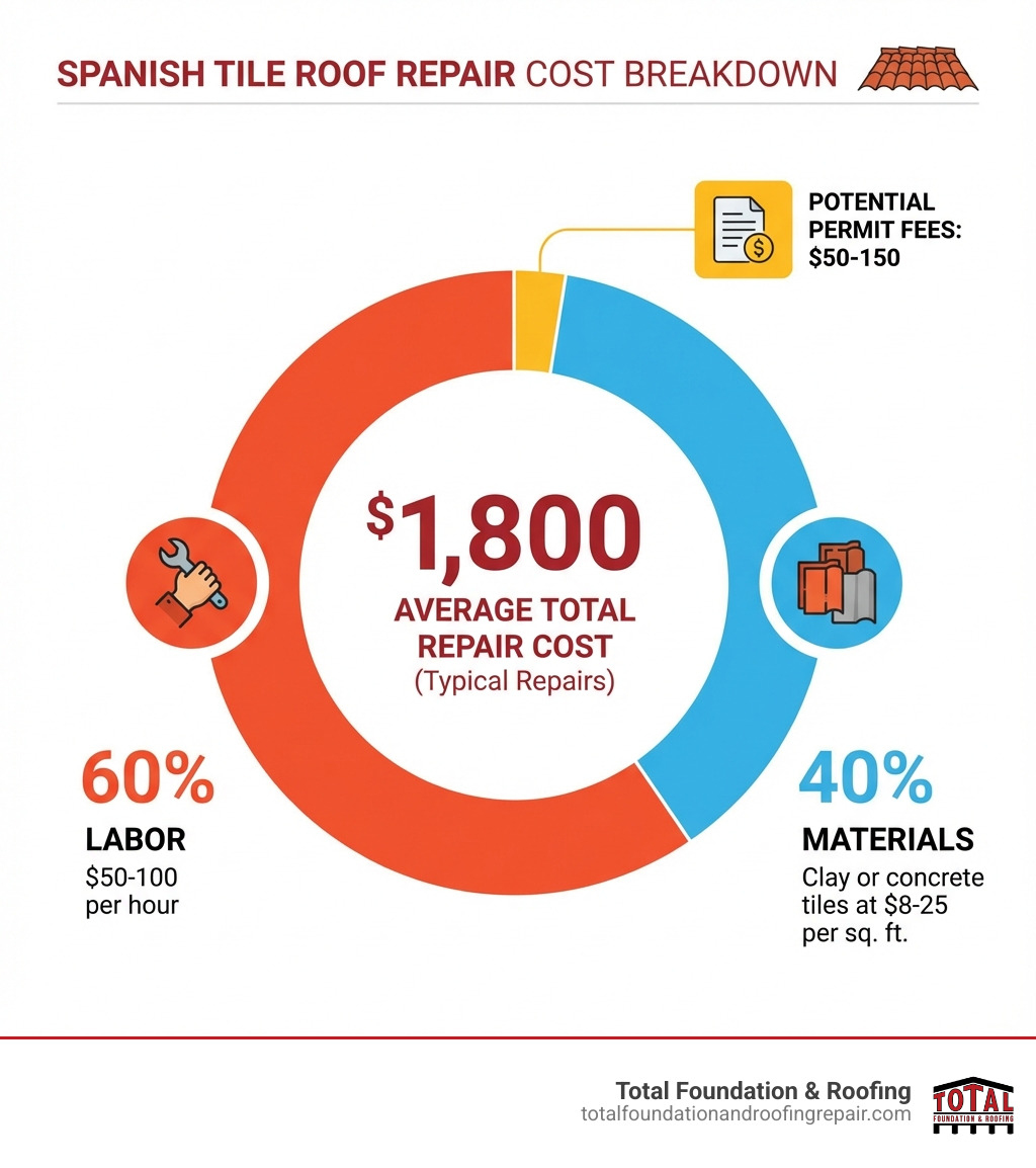 Infographic showing Spanish tile roof repair cost breakdown: 40% materials including clay or concrete tiles at $8-25 per square foot, 60% labor at $50-100 per hour, plus potential permit fees of $50-150, with average total repair cost of $1,800 for typical repairs - spanish tile roof repair cost infographic Infographic showing Spanish tile roof repair cost breakdown: 40% materials including clay or concrete tiles at $8-25 per square foot, 60% labor at $50-100 per hour, plus potential permit fees of $50-150, with average total repair cost of $1,800 for typical repairs - spanish tile roof repair cost infographic