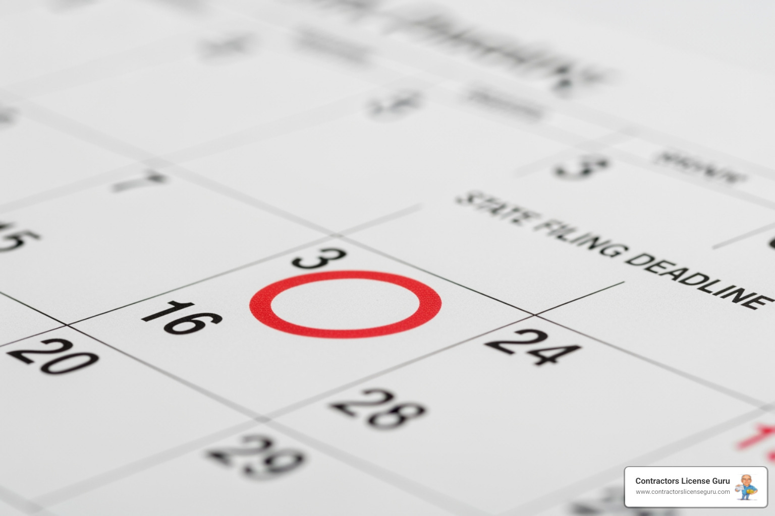 A calendar with "State Filing Deadline" circled, emphasizing the importance of timely notifications - appoint a registered agent A calendar with "State Filing Deadline" circled, emphasizing the importance of timely notifications - appoint a registered agent