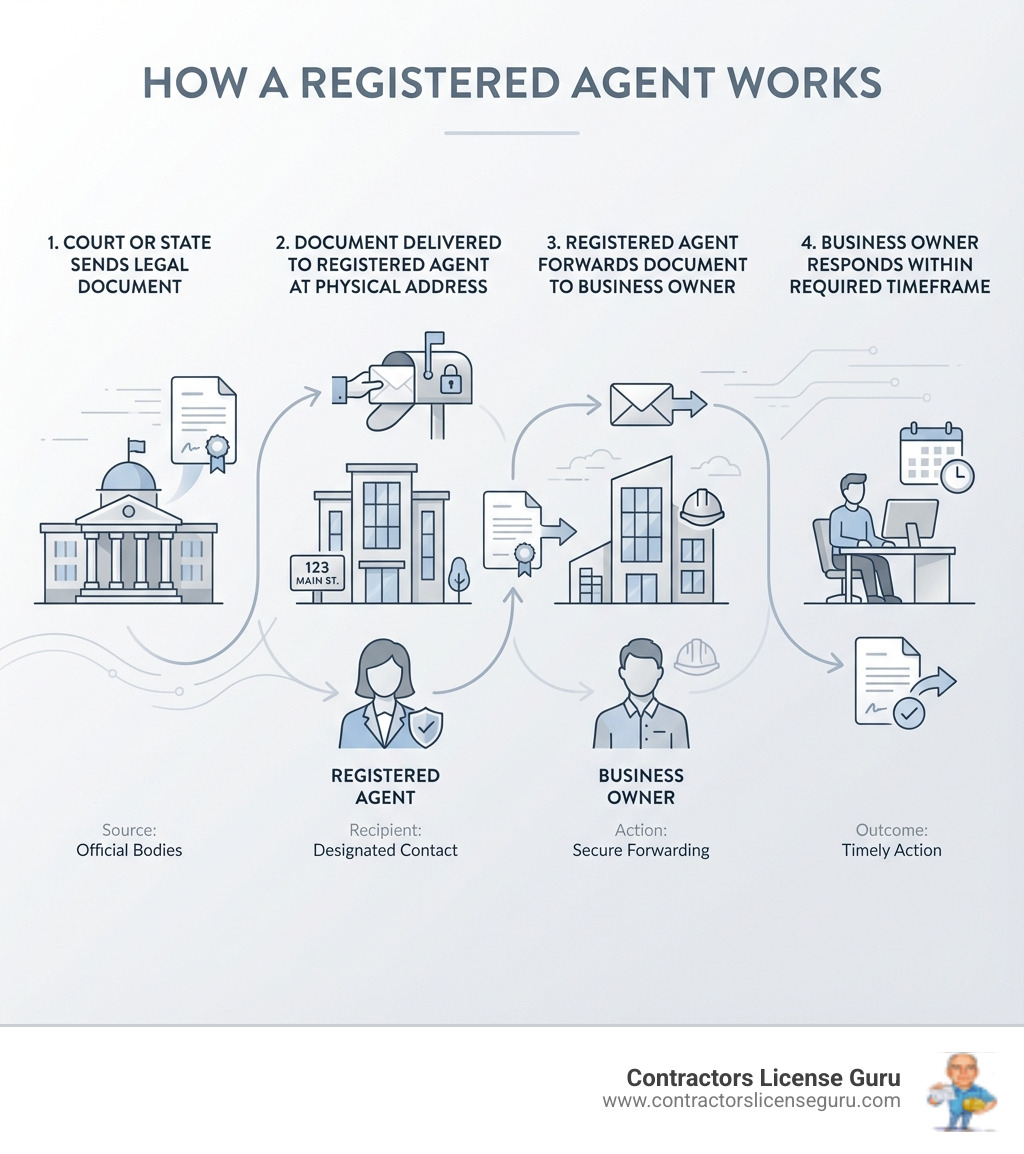Infographic showing how a registered agent works: 1. Court or State sends legal document, 2. Document delivered to registered agent at physical address, 3. Registered agent forwards document to business owner, 4. Business owner responds within required timeframe - appoint a registered agent infographic Infographic showing how a registered agent works: 1. Court or State sends legal document, 2. Document delivered to registered agent at physical address, 3. Registered agent forwards document to business owner, 4. Business owner responds within required timeframe - appoint a registered agent infographic