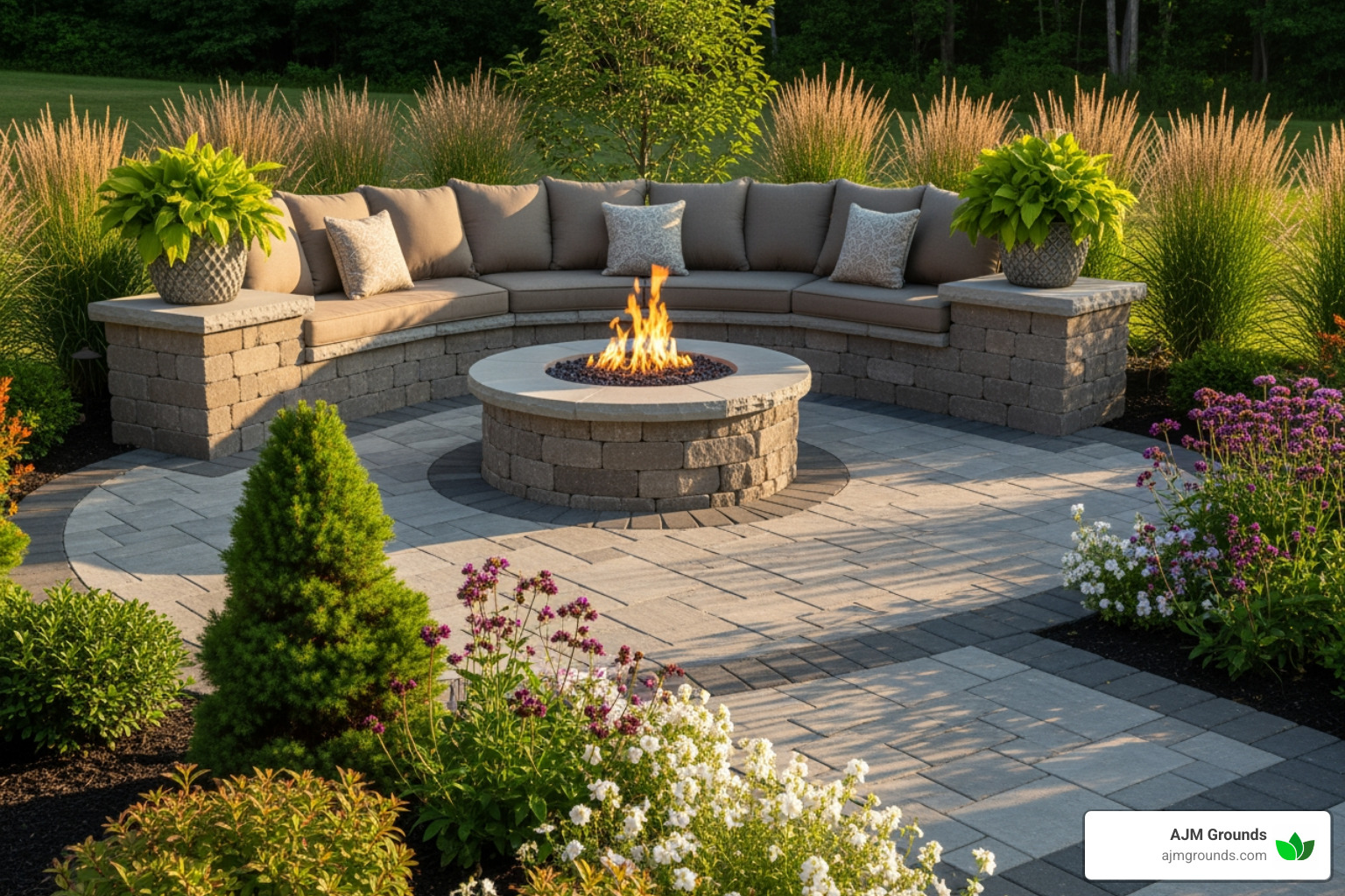 Patio with integrated features like a fire pit and seating wall - companies that install patios