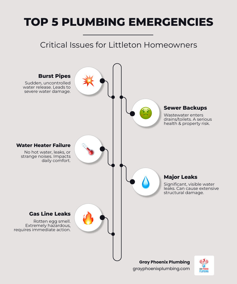 Infographic showing the top 5 most common plumbing emergencies in a home: burst pipes, sewer backups, water heater failures, major leaks, and gas line leaks, with icons for each and brief descriptions of warning signs - Plumber Littleton CO infographic infographic-line-5-steps-elegant_beige Infographic showing the top 5 most common plumbing emergencies in a home: burst pipes, sewer backups, water heater failures, major leaks, and gas line leaks, with icons for each and brief descriptions of warning signs - Plumber Littleton CO infographic infographic-line-5-steps-elegant_beige