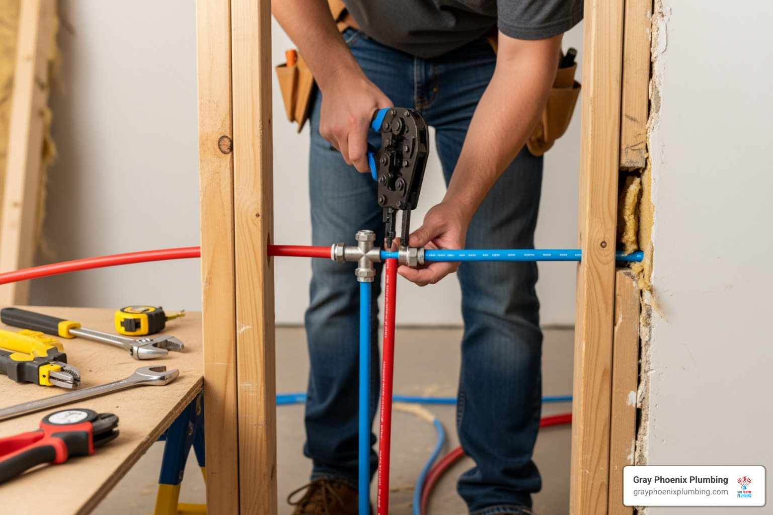 plumber fitting new PEX pipe - Repiping services Littleton