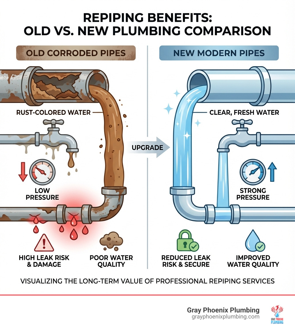 infographic showing side-by-side comparison of old corroded pipes with rust-colored water and low pressure versus new modern pipes with clear water and strong pressure, including visual indicators of reduced leaks and improved water quality - Repiping services Littleton infographic 