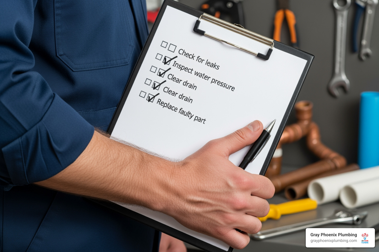 plumber's checklist on a clipboard - Plumbing inspection Littleton