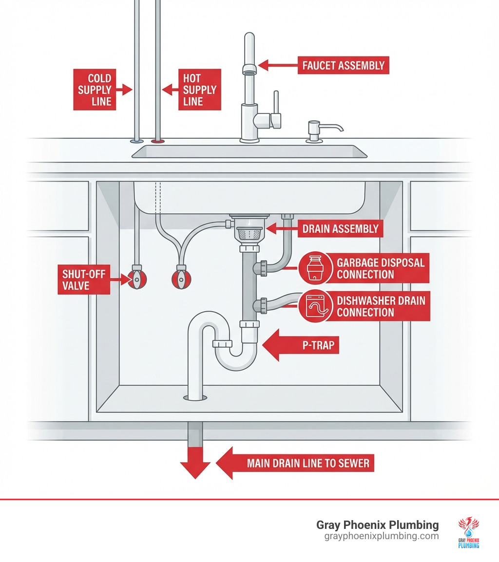 Infographic showing the basic components of kitchen sink plumbing including the faucet assembly, supply lines (hot and cold), shut-off valves, drain assembly, P-trap, garbage disposal connection, dishwasher drain connection, and main drain line to sewer - kitchen sink plumbing repair littleton co infographic Infographic showing the basic components of kitchen sink plumbing including the faucet assembly, supply lines (hot and cold), shut-off valves, drain assembly, P-trap, garbage disposal connection, dishwasher drain connection, and main drain line to sewer - kitchen sink plumbing repair littleton co infographic