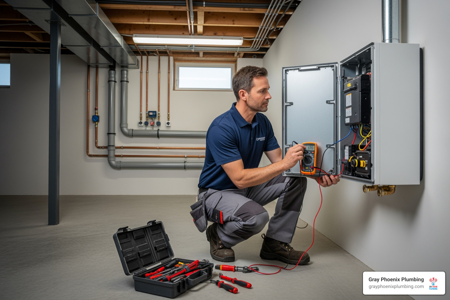 technician servicing a modern tankless water heater - plumber littleton colorado