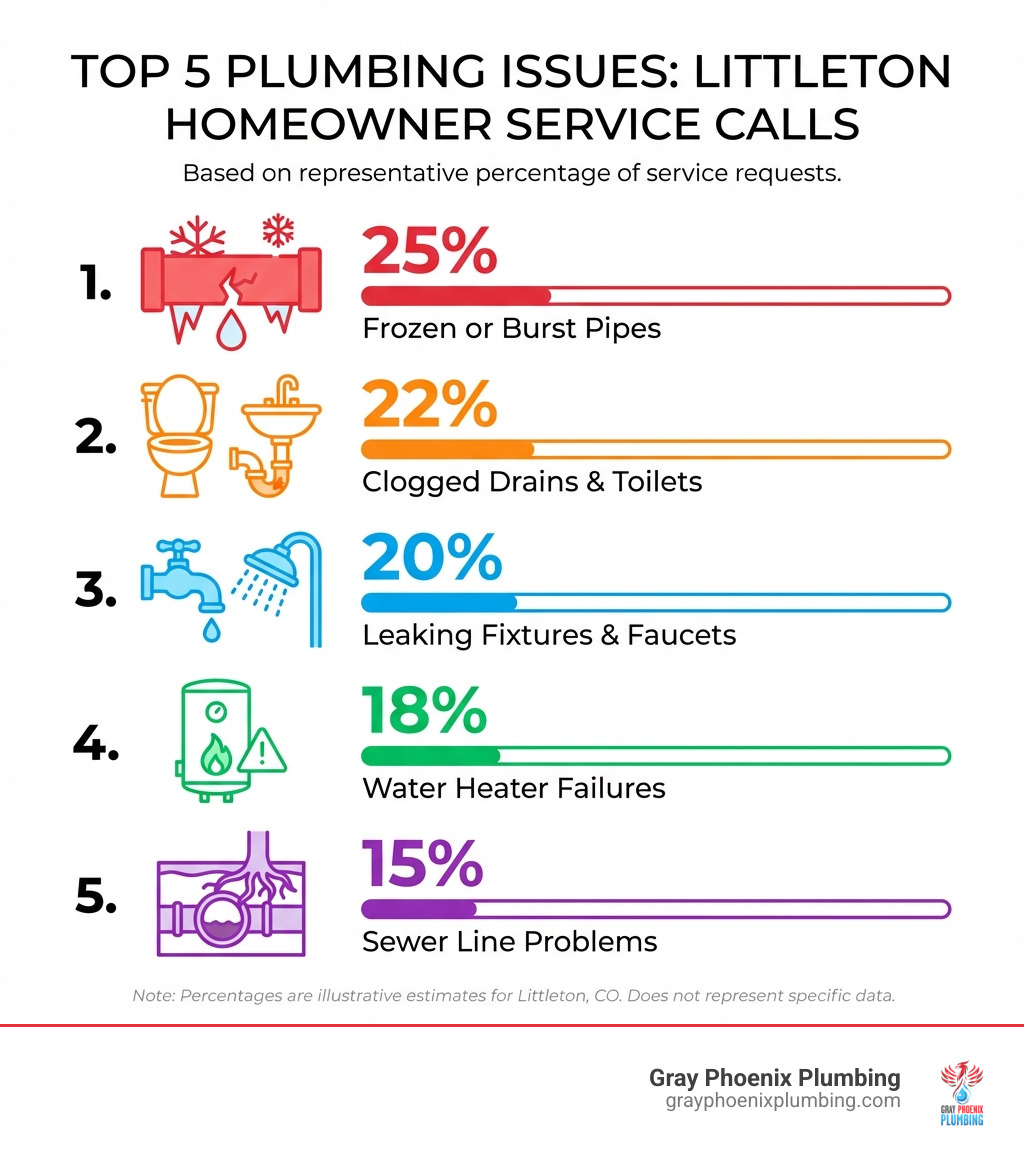 infographic showing the top 5 most common plumbing issues for Littleton homeowners: frozen or burst pipes, water heater failures, clogged drains and toilets, leaking fixtures and faucets, and sewer line problems, with percentage of service calls for each - plumber littleton colorado infographic 