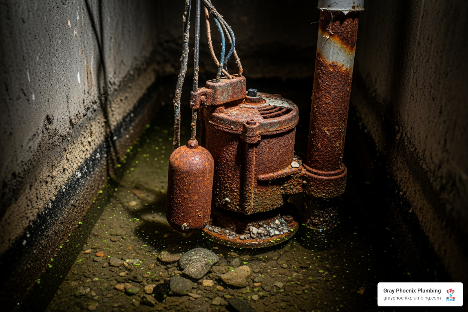 image of a rusty or malfunctioning sump pump in a sump pit - Sump pump repair Littleton image of a rusty or malfunctioning sump pump in a sump pit - Sump pump repair Littleton