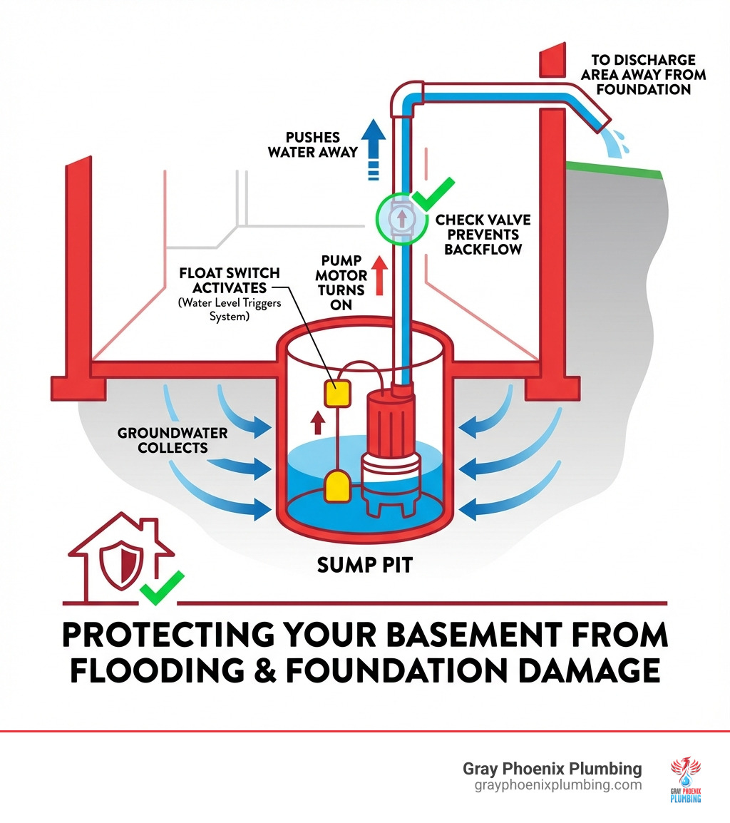 Infographic showing how a sump pump protects your home: groundwater collects in a sump pit at the lowest point of the basement, a float switch activates when water reaches a certain level, the pump motor turns on and pushes water through a discharge pipe away from the foundation, a check valve prevents water from flowing back into the pit, protecting your basement from flooding and foundation damage - Sump pump repair Littleton infographic Infographic showing how a sump pump protects your home: groundwater collects in a sump pit at the lowest point of the basement, a float switch activates when water reaches a certain level, the pump motor turns on and pushes water through a discharge pipe away from the foundation, a check valve prevents water from flowing back into the pit, protecting your basement from flooding and foundation damage - Sump pump repair Littleton infographic