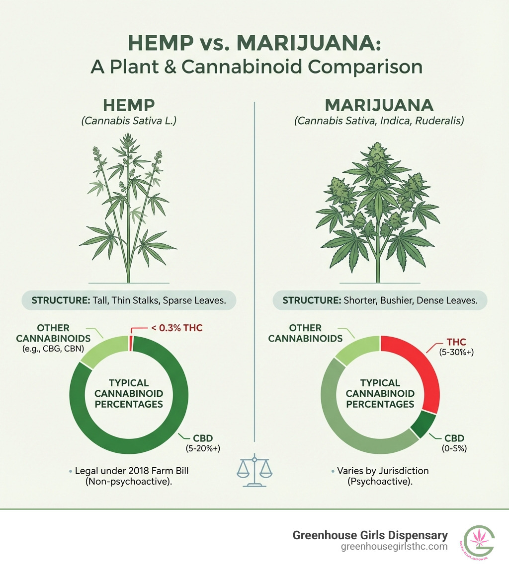 infographic comparing hemp and marijuana plants side by side, showing hemp has tall thin stalks with sparse leaves and less than 0.3% THC content versus marijuana with shorter bushier structure and higher THC levels, plus visual breakdown of typical cannabinoid percentages in each plant type - hemp flower strains infographic 