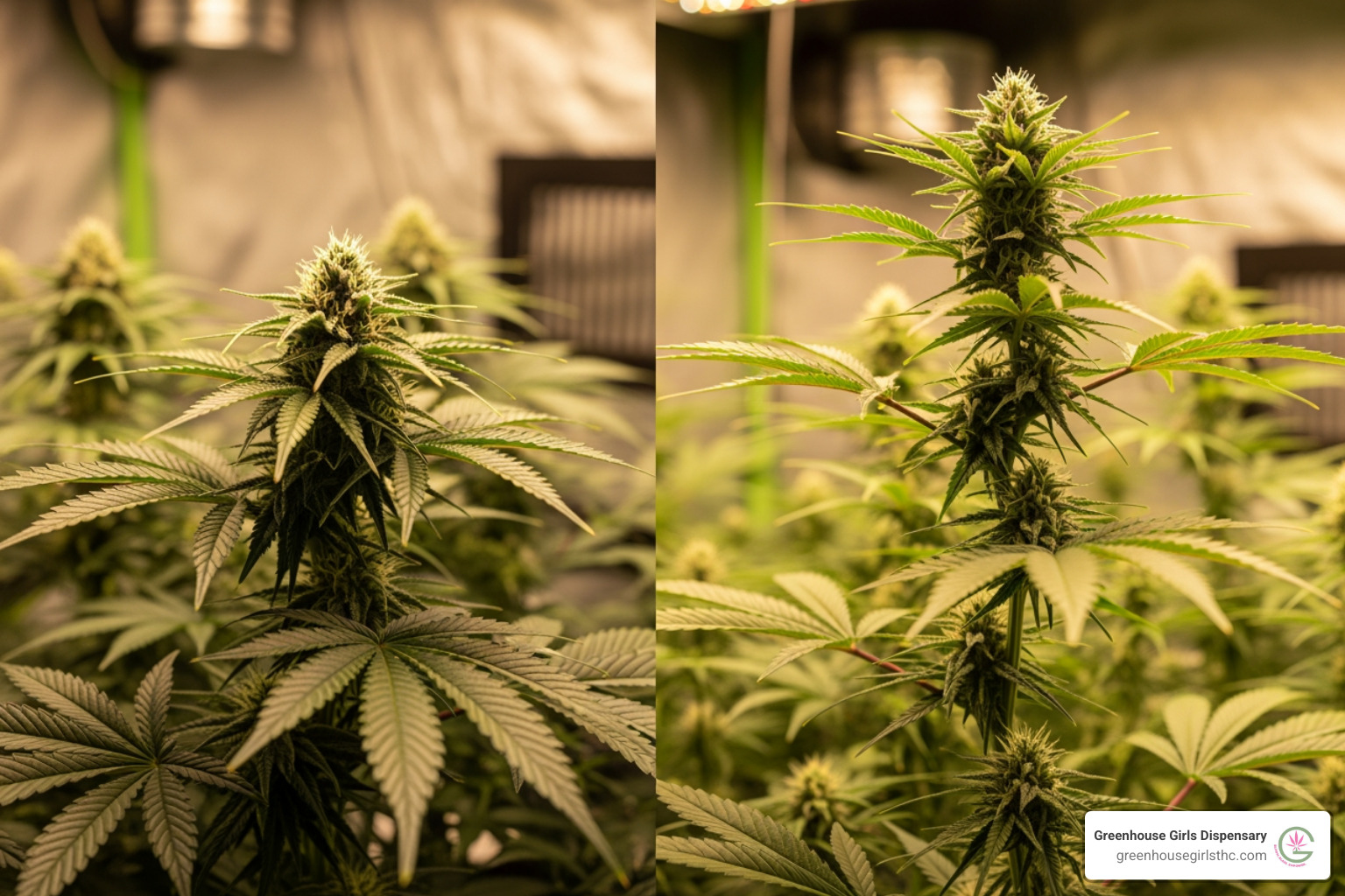Indica plant next to a Sativa plant showing structural differences - hemp flower strains