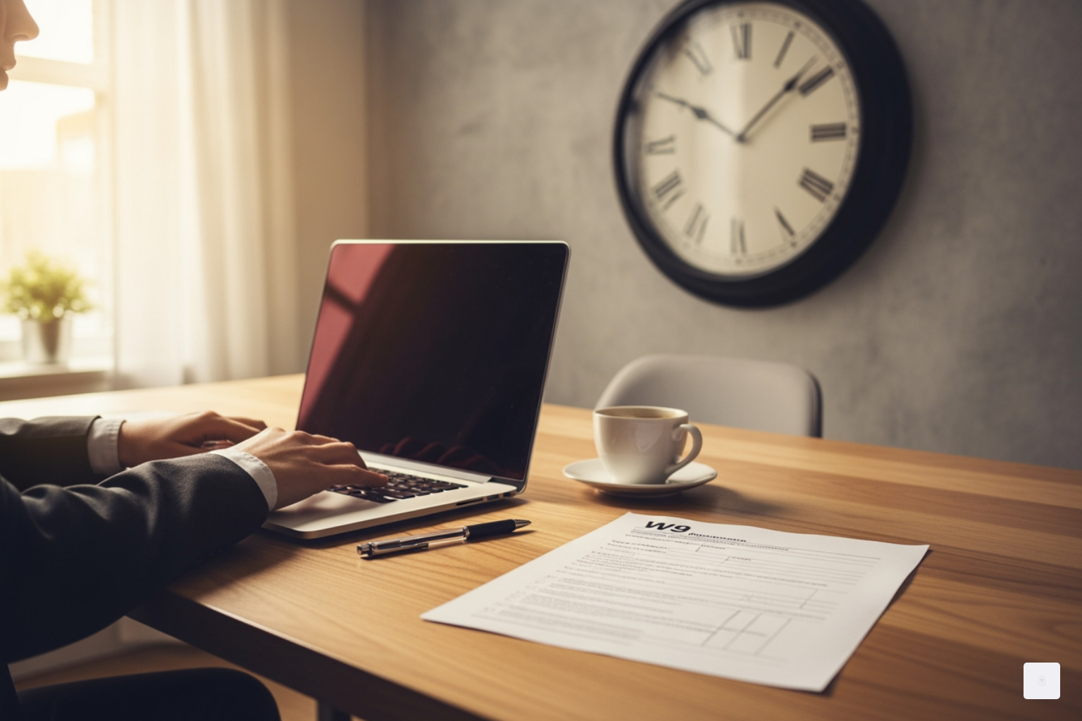 freelancer at laptop with W9 form and clock - what time taxes