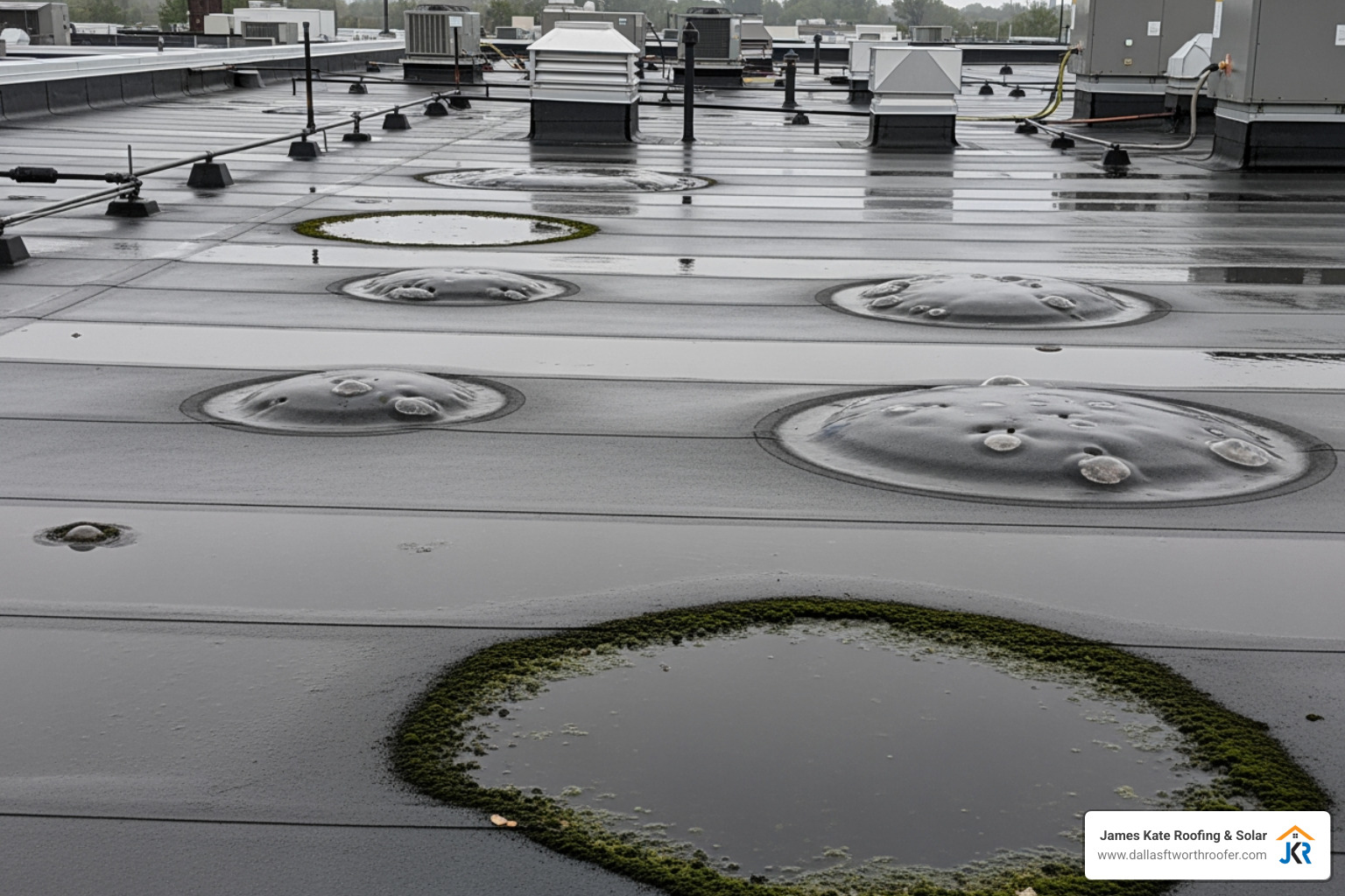 showing common commercial roof damage like blistering membrane and ponding water. - commercial roof repairs showing common commercial roof damage like blistering membrane and ponding water. - commercial roof repairs