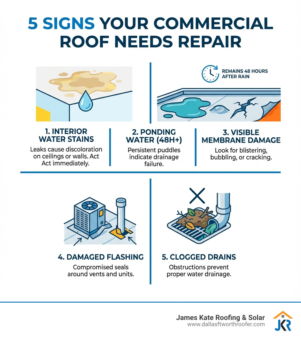 Infographic showing the top 5 signs a commercial roof needs repair: 1) Water stains on interior ceilings or walls indicating active leaks, 2) Ponding water that remains 48 hours after rainfall, 3) Visible membrane damage including blistering, bubbling, or cracking, 4) Damaged or missing flashing around roof penetrations like HVAC units and vents, 5) Clogged drains or scuppers preventing proper water drainage - commercial roof repairs infographic Infographic showing the top 5 signs a commercial roof needs repair: 1) Water stains on interior ceilings or walls indicating active leaks, 2) Ponding water that remains 48 hours after rainfall, 3) Visible membrane damage including blistering, bubbling, or cracking, 4) Damaged or missing flashing around roof penetrations like HVAC units and vents, 5) Clogged drains or scuppers preventing proper water drainage - commercial roof repairs infographic