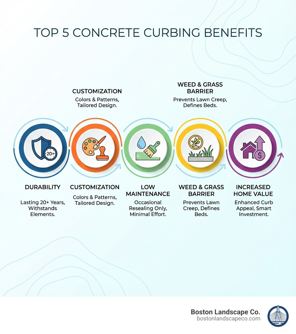 Infographic showing the top 5 benefits of concrete curbing: Durability lasting 20+ years, Customization with colors and patterns, Low Maintenance requiring only occasional resealing, Effective Weed and Grass Barrier preventing lawn creep, and Increased Home Value through enhanced curb appeal - concrete curbing contractors infographic 