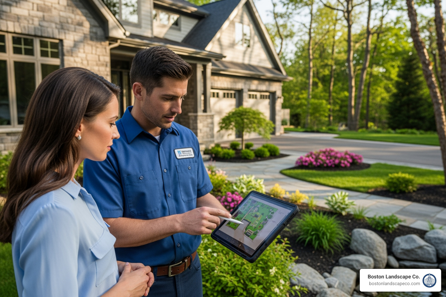 professional contractor in uniform discussing a project plan with a homeowner in their yard - concrete curbing contractors