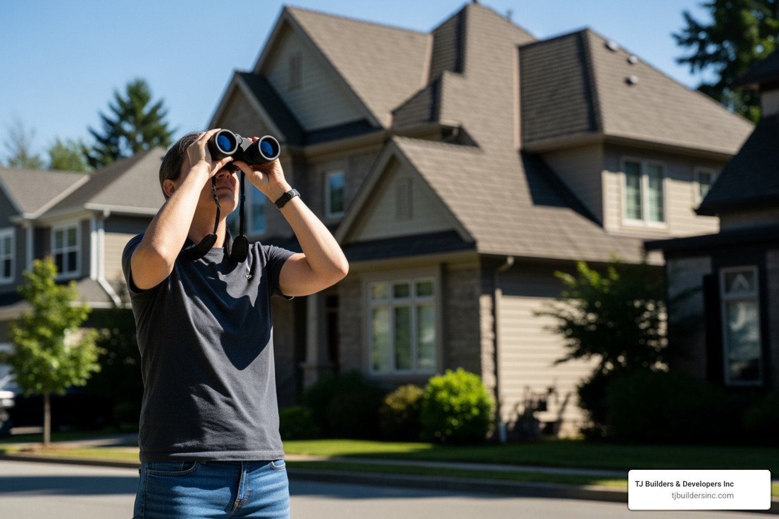 person using binoculars to look at roof - how to inspect your roof