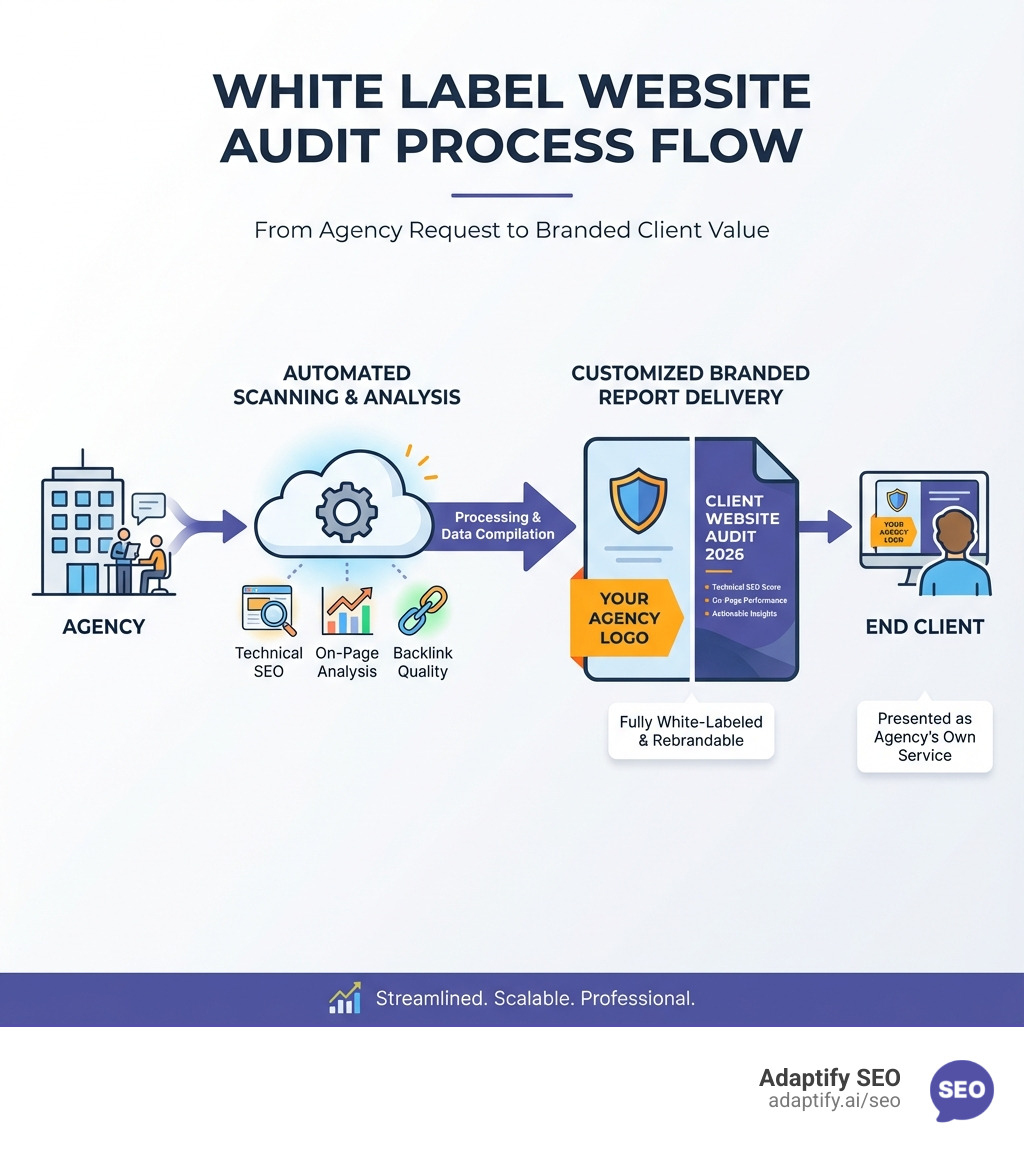 White label website audit process showing agency request flowing through automated scanning and analysis to customized branded report delivery to end client - white label website audit infographic