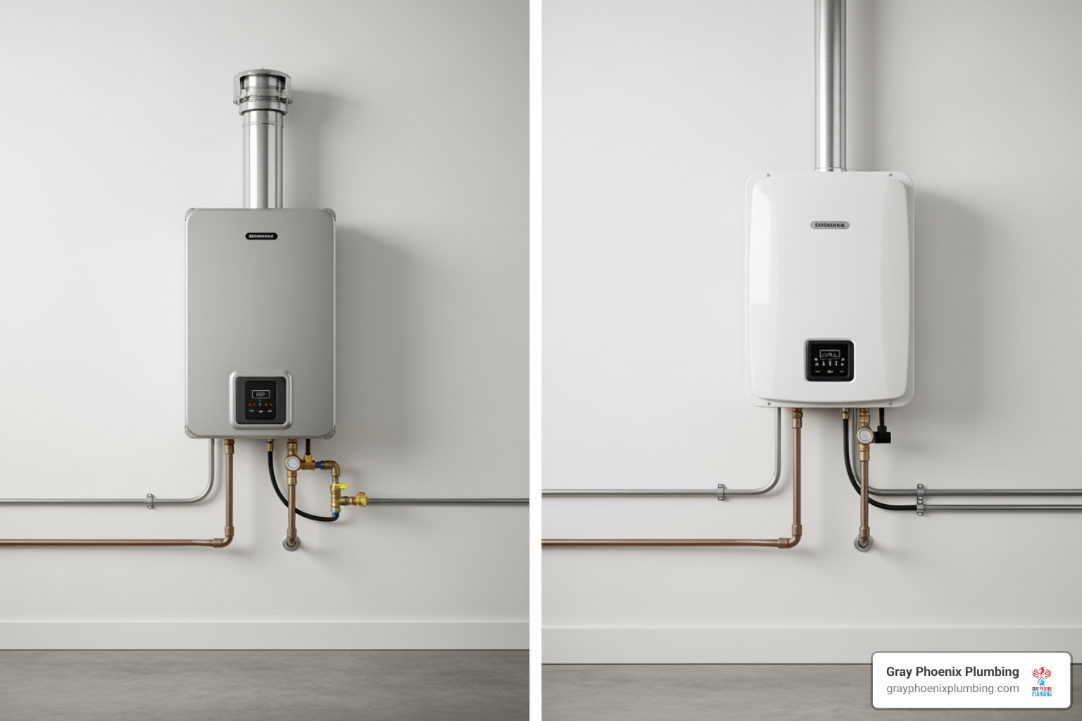 Side-by-side image of a gas tankless water heater on the left and an electric tankless water heater on the right, highlighting their external differences - tankless water heater pros and cons