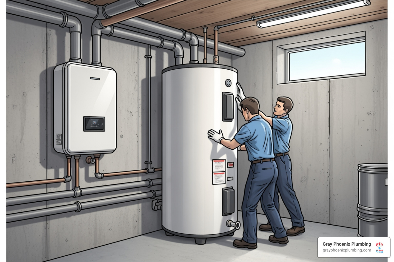 Illustration of a compact, wall-mounted tankless water heater next to a large, traditional water heater being removed, symbolizing space savings - tankless water heater pros and cons