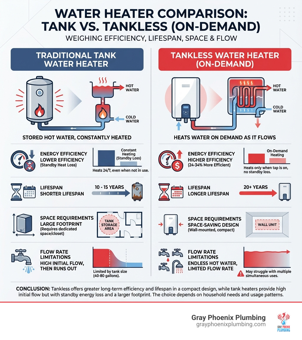 Infographic comparing tank water heater with stored hot water constantly heated versus tankless water heater heating water on demand as it flows through heat exchanger, showing energy efficiency differences, lifespan comparison of 10-15 years versus 20+ years, space requirements, and flow rate limitations - tankless water heater pros and cons infographic 