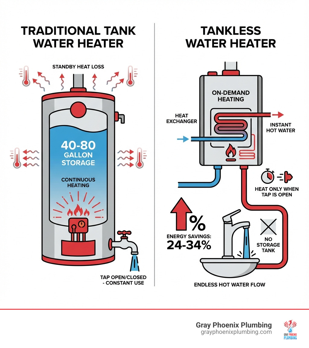 Infographic comparing tankless vs traditional water heater operation: Left side shows traditional tank with 40-80 gallon storage continuously heated, with standby heat loss indicated. Right side shows tankless unit with water flowing through heat exchanger only when tap is open, highlighting on-demand heating, no storage tank, and energy savings of 24-34%. - Tankless water heater Westminster infographic 