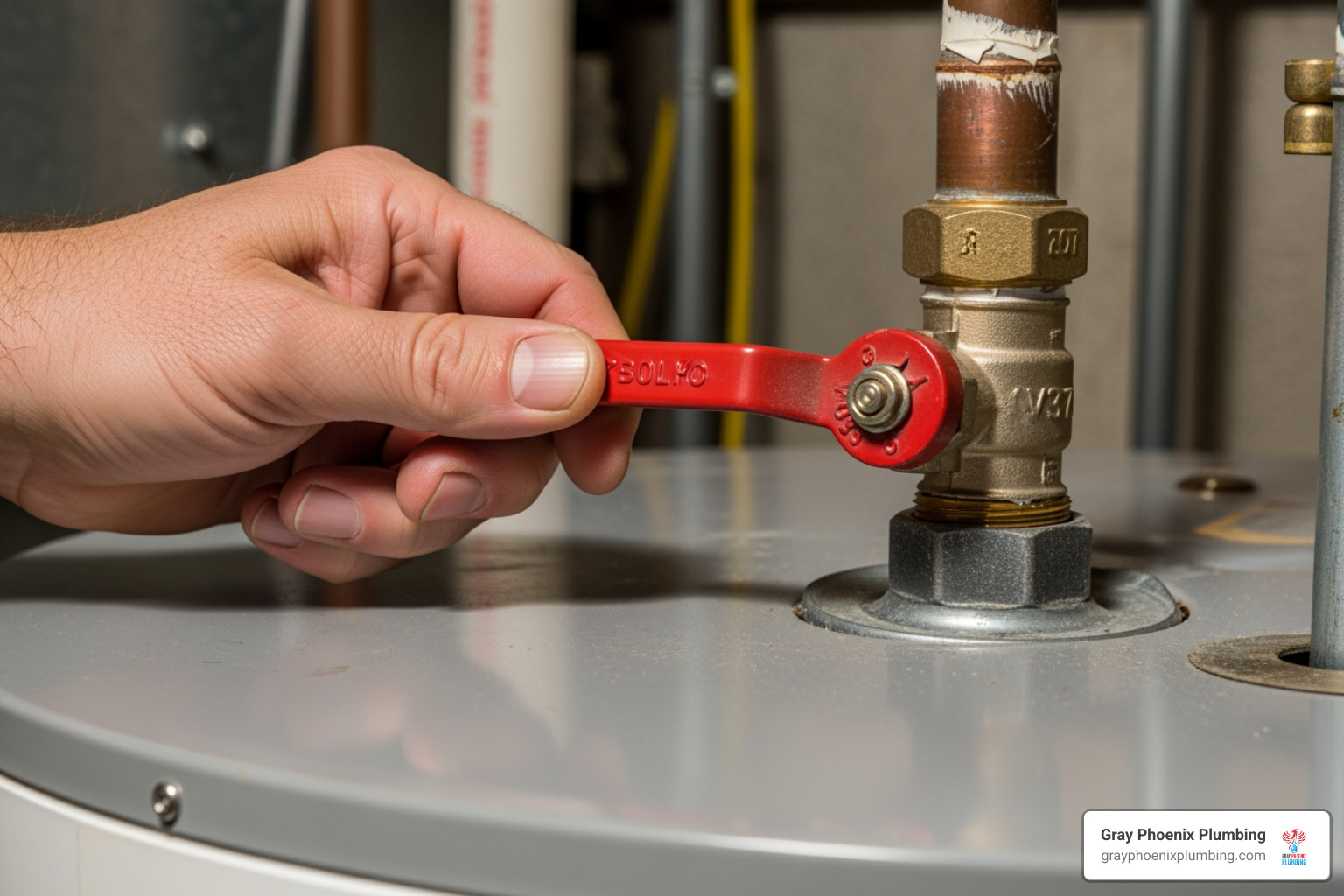 person turning a valve on a water heater - emergency shut off water heater person turning a valve on a water heater - emergency shut off water heater