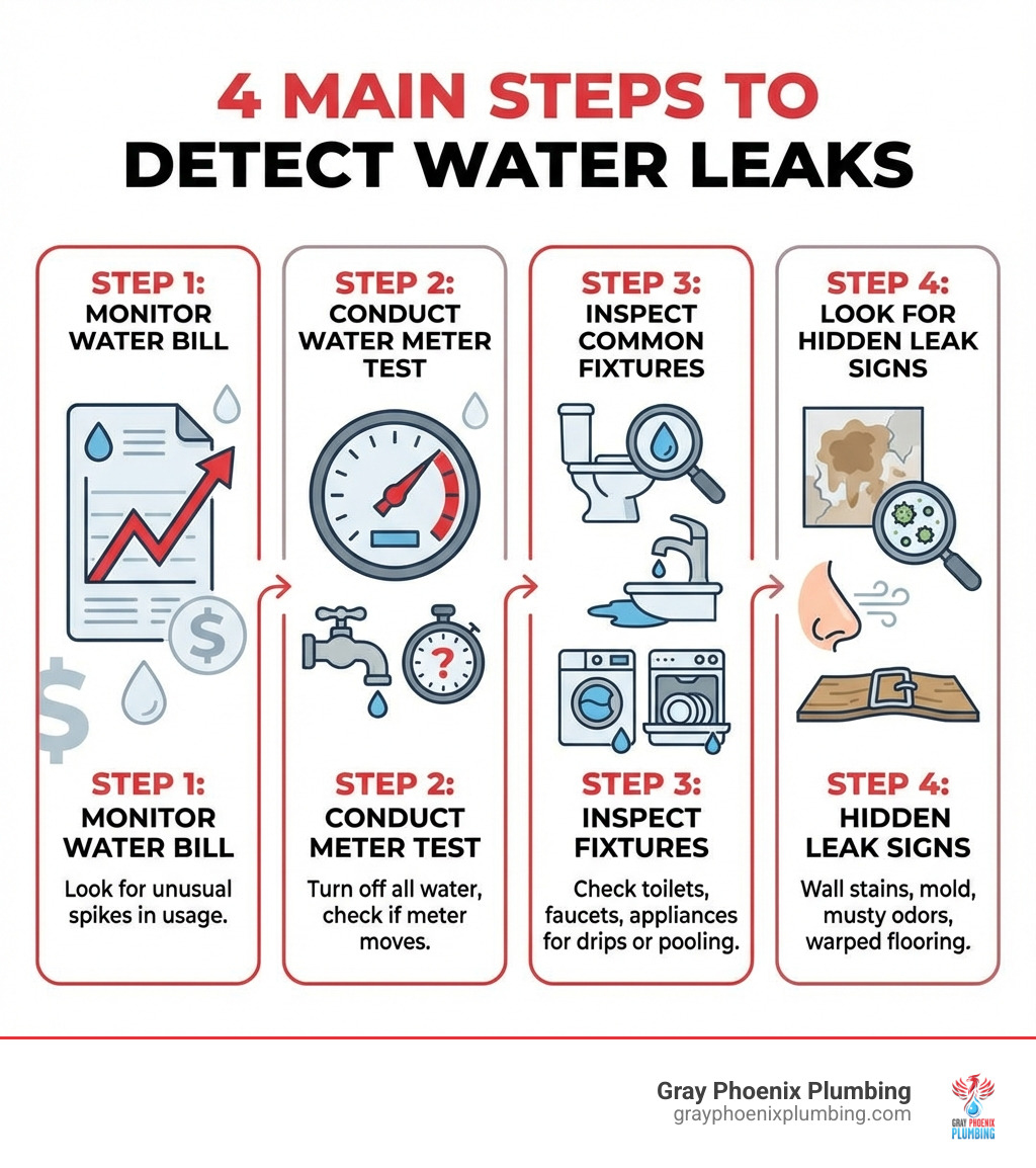 Infographic showing 4 main steps to detect water leaks: Step 1 - Monitor your water bill for unusual spikes in usage; Step 2 - Conduct a water meter test by turning off all water and checking if the meter still moves; Step 3 - Inspect common fixtures like toilets, faucets, and appliances for visible drips or pooling water; Step 4 - Look for hidden leak signs including wall stains, mold, musty odors, and warped flooring - find a leak in house infographic 