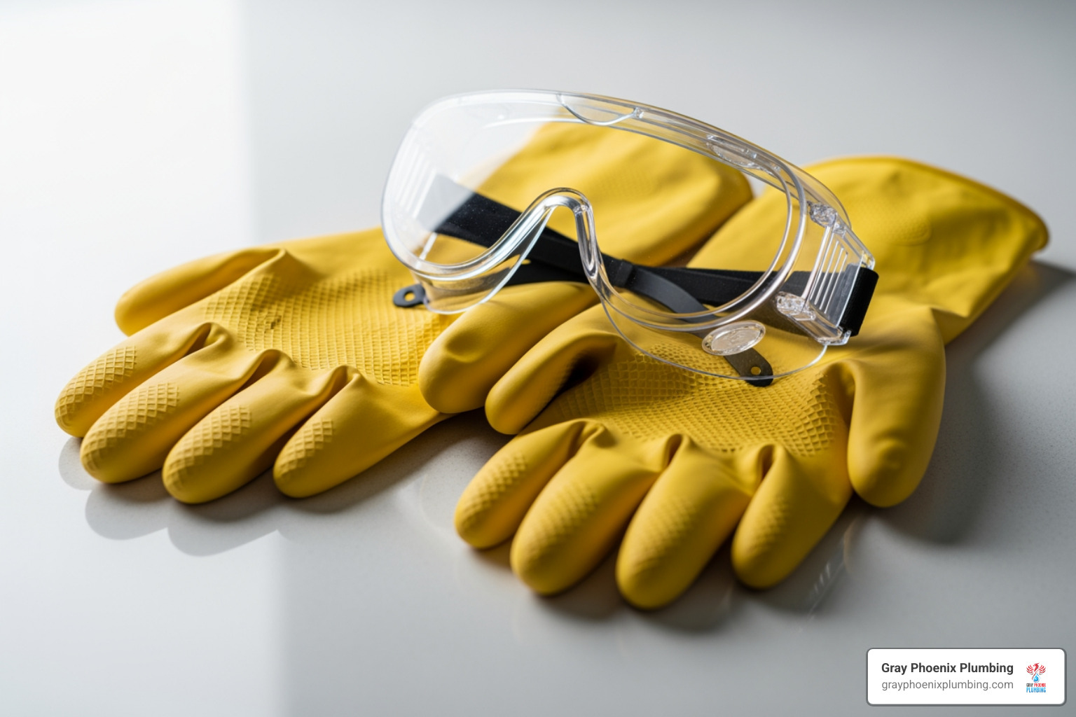 safety gear including heavy-duty rubber gloves and safety goggles - blocked drain cleaner
