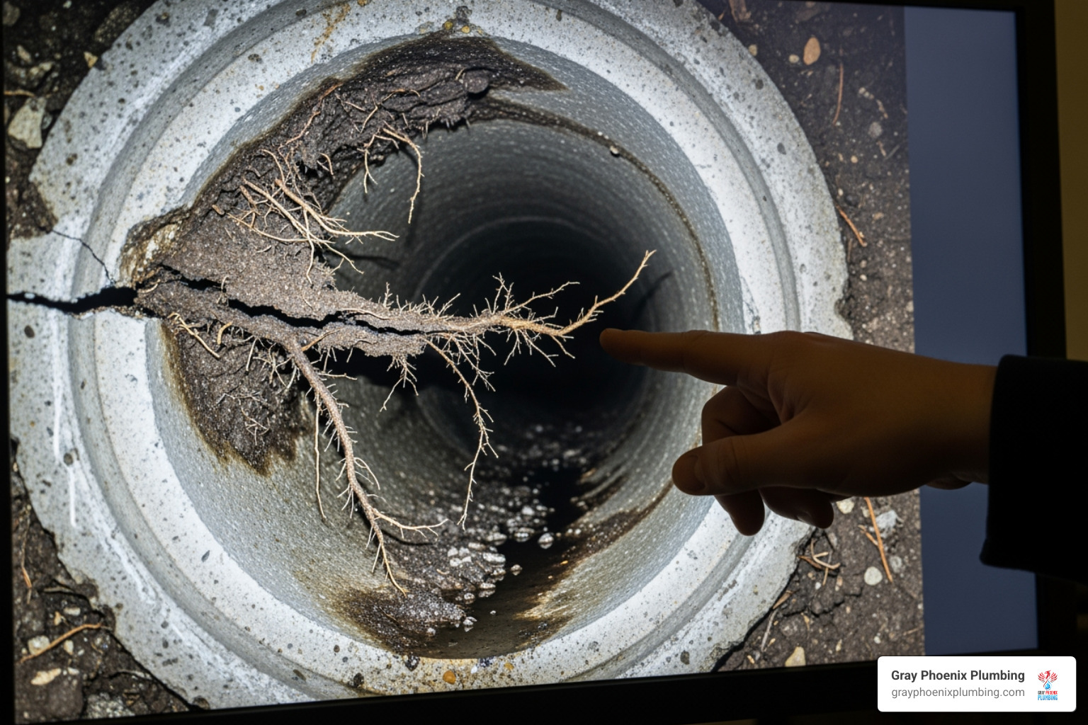 Cracked sewer pipe with tree root intrusion shown on a monitor - Sewer camera inspection Parker