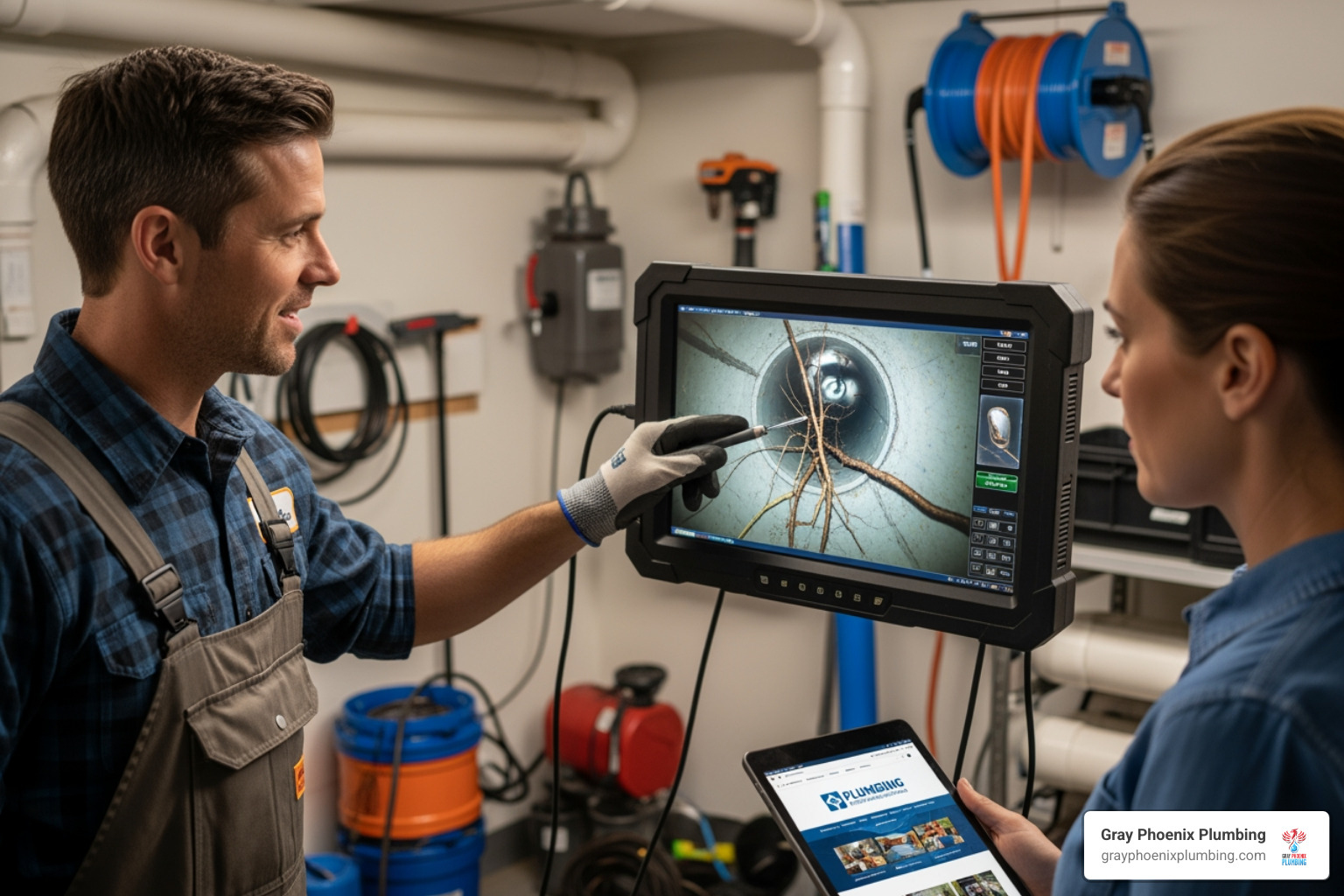 Plumber showing a homeowner the sewer inspection footage on a monitor - Sewer camera inspection Parker