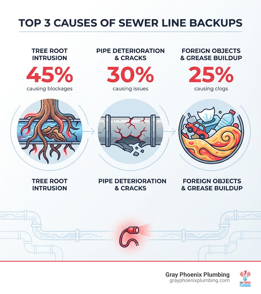 Infographic showing the top 3 reasons for sewer line backups: tree root intrusion causing 45% of blockages, pipe deterioration and cracks causing 30% of issues, and foreign objects and grease buildup causing 25% of clogs, with visual icons representing each cause - Sewer camera inspection Parker infographic 