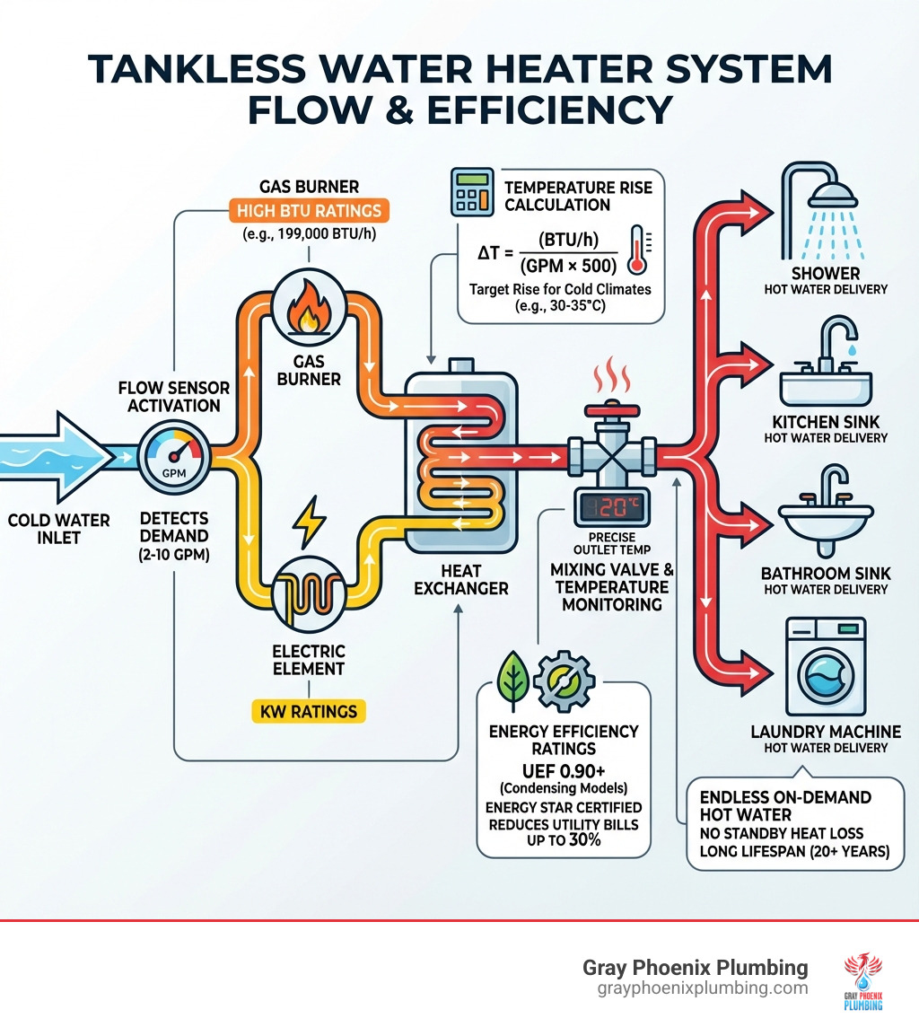 Infographic showing the complete flow of a tankless water heater system from cold water inlet through the flow sensor activation, gas burner or electric element heating the heat exchanger, temperature monitoring via mixing valve, and final hot water delivery to multiple fixtures, with callouts for key components like the flow rate sensor, BTU ratings, temperature rise calculations, and energy efficiency ratings - best tankless water heater infographic 